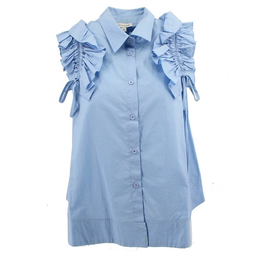 Light Blue Button Down Ruffled Sleeve Chic Top